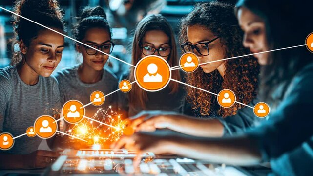 A group of five diverse women collaborates in a tech lab, engaging creatively with glowing data visualizations and brainstorming innovative ideas. Their synergy sparks new possibilities