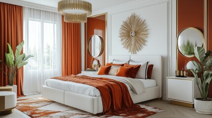 Luxurious Modern Bedroom with White Bed, Orange Accents, and Gold Details