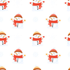 Seamless vector pattern with snowmen, on a white background. Vector snowmen in hats and scarves on a white background decorated with snowflakes. Ideal for creating fabrics, Christmas paper
