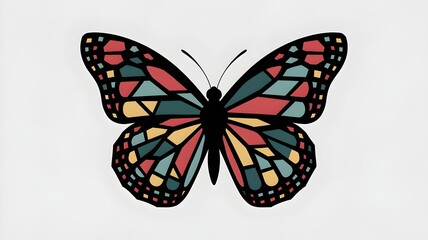 Butterfly silhouette with colorful geometric patterns on white background