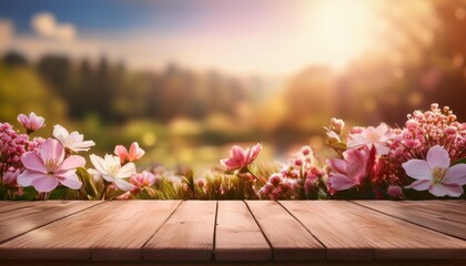beautiful spring flowers on wooden desk table top with nature background , space for text, cards banners or posters