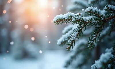 Winter wonderland snowy pine branches soft bokeh lights