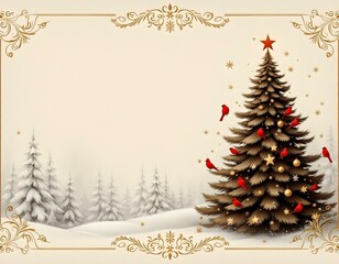 Vintage Christmas Holiday Scene with Snowflakes, Red Birds, and Golden Border - Nostalgic Winter Landscape with Festive Tree and Elegant Design