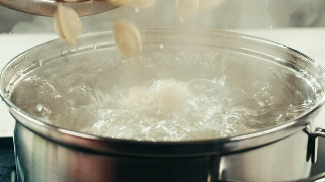 Dumplings in cafe, close up, Eating and serving Meat frozen dumplings in restaurant with mayo sour cream sauce, Ukranian, polish, Russian traditional pelmeni cooking process, vareniki ravioli pierogi