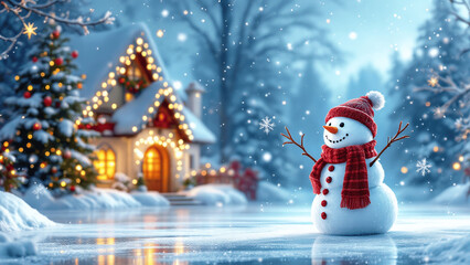 Obraz premium Charming snowman in a winter wonderland with a cozy house