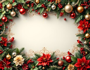 Vintage Holiday Card with Lush Christmas Tree, Ornate Frame, and Festive Birds – Red & Gold Ornaments, Poinsettias & Holly