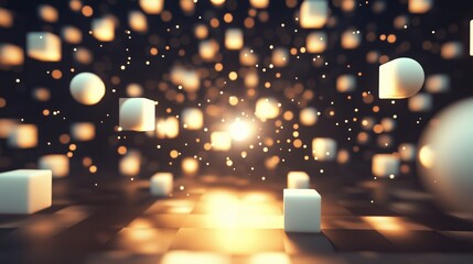 Dynamic floating cubes and spheres illuminated by light in a vibrant abstract digital space