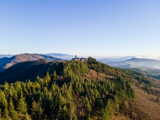 Aerial view of a mountain monastery