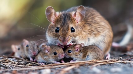 Obraz premium A Mother Mouse Nurturing Her Young
