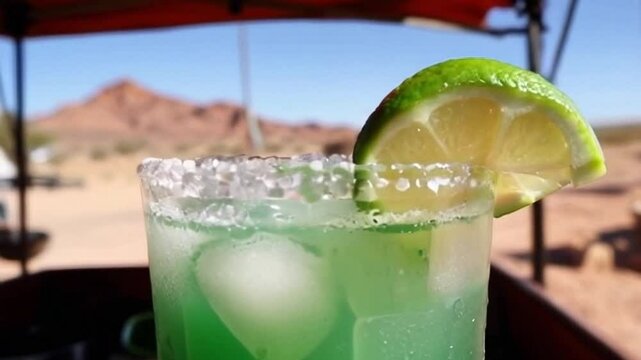 Close-up of a perfectly grilled Arizona prickly pear margarita served with salt on the rim, garnished with a fresh slice of lime, surrounded by a Southwestern food cart scene set under the warm Arizon