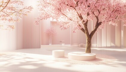 Obraz premium 3d Rendering Of Japanese-Style Architectural Design With Sakura Tree And White Podium. Ideal For Branding, Product Presentations, And Cosmetics.