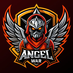 A bold esports logo featuring an armored angel of war with wings, showcasing fierce determination and strength for competitive gaming teams