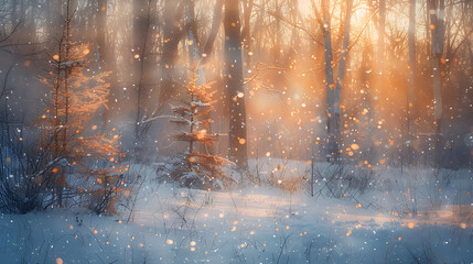 a serene winter landscape, featuring a blanket of soft, untouched snow. Delicate snowflakes fall gently, adding to the tranquil atmosphere