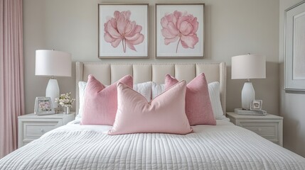A White and Pink Bed with Floral Art and White Nightstands