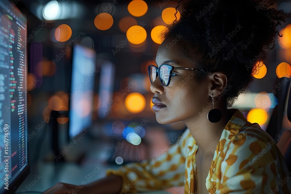 Poster black female programmer: woman engaged in coding on computer
