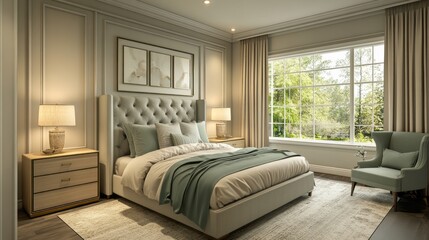 Fototapeta premium A Luxurious Bedroom with a Large Window and a Green Armchair