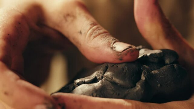 Woman potter works with clay on master class in studio. Working process in ceramic workshop. Potter making vase on pottery wheel. Handmade concept. 
