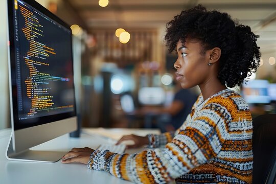 African American Female Programmer Coding on Computer
