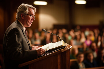 Pastor Delivering a Sermon at the Pulpit in Front of Congregation
