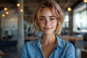 Portrait of a confident young woman with a friendly expression, wearing a denim shirt in a casual indoor setting with soft lighting, evoking a warm and welcoming mood.
