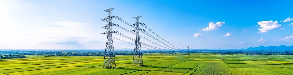 At sunset, high-voltage power lines and high-voltage electricity transmission towers