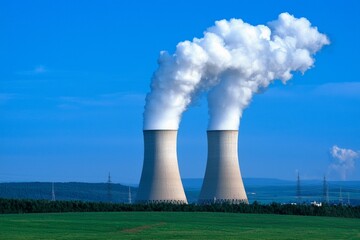 On a dark blue sky background, cooling towers of power plants steam