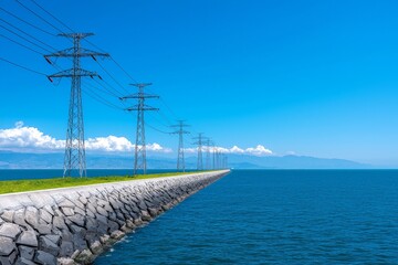 Power lines and transmission towers cross south San Francisco Bay area marshes and ponds in Mountain View, California