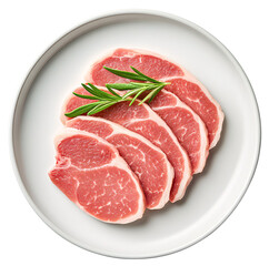 Raw pork chops arranged on a white plate with rosemary sprigs.