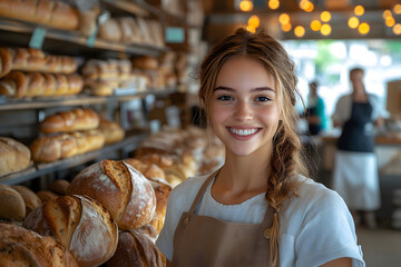 Portrait of a smiling young woman in a bakery, wearing an apron, with freshly baked artisan bread in the background, capturing a warm and welcoming atmosphere.
