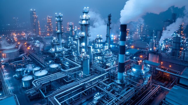 An electric power station, a combined heat and power plant at night, and an enormous combined cycle power plant.