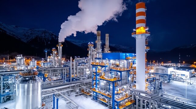 Combined heat and power plant after dark, large combined cycle power plant.