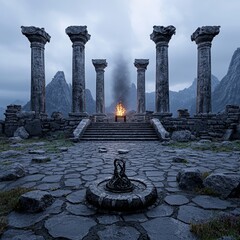 Fototapeta premium A dark, atmospheric landscape with ancient columns and fire fonts, a fantasy backdrop