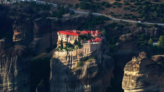 Sunlight illuminates the Monastery of Varlaam, a breathtaking monastery perched atop a towering rock formation in Meteora, Greece