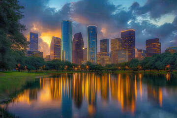 Fototapeta premium Urban Skyline at Sunset with Reflections on Skyscrapers