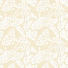 Obraz premium Modern white on cream lace effect wedding background texture. Soft tonal linen openwork block print with subtle hand drawn lattice damask printed fabric backdrop. 