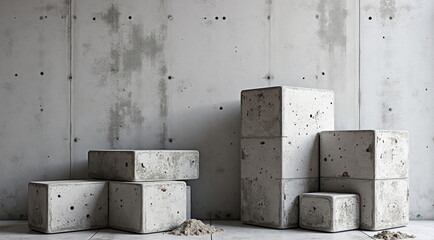Concrete blocks in various sizes against industrial wall - perfect for architecture blogs, construction websites, modern design presentations, and urban photography