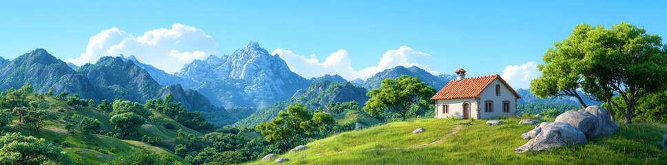 Fototapeta premium A beautiful sci-fi landscape is framed by a futuristic thing in the background. A tender, dreamy design is used as the background of the painting.