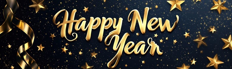 Hand-drawn calligraphy of "Happy New Year" with golden stars, isolated on a white background New Year Black and gold color concept Generative AI