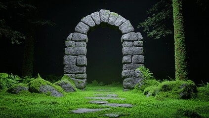 Fantasy scene with archway covered in creepers in an ancient magical world. Illustration in 3-D.