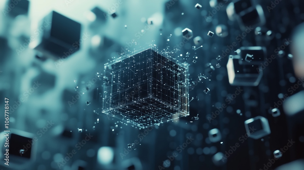 Poster 3d cube floating in a digital space with intricate connections and particles, illustrating technolog