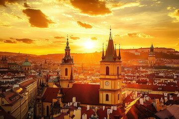 Fototapeta premium Golden Sunset Illuminating Historic European Cityscape