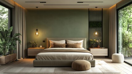 Modern Bedroom Interior with Green Wall and Natural Light