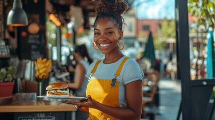 enthusiastic waitress roller skates joyfully serves delicious food cafe visitors. sunny atmosphere filled lively energy creating welcoming vibe everyone.
