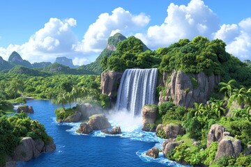 Fototapeta premium This illustration shows a beautiful fantasy river scene with waterfalls