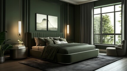 Fototapeta premium Modern Green Bedroom Interior Design with Large Window