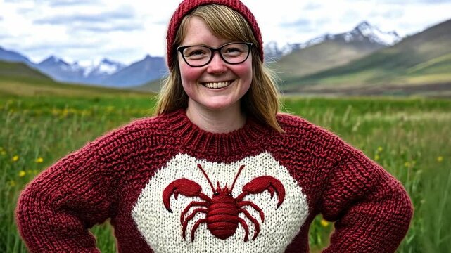 A cheerful individual stands confidently in a vibrant knit sweater adorned with a lobster motif, surrounded by stunning mountain landscapes and lush greenery, capturing a moment of joy and creativity