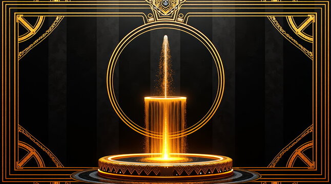 Glowing golden fountain with art deco frame - perfect for luxury event invitations, high-end product launches, or glamorous Great Gatsby-themed party designs