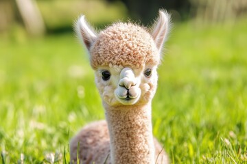 Naklejka premium Joyful baby alpaca in vibrant green grassy field