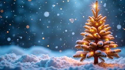 Magical illuminated Christmas tree in snowy night - perfect for holiday cards, winter blogs, festive websites, seasonal social media posts, and yuletide event promotions