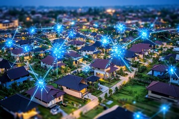 Obraz premium A Smart Urban Landscape Featuring Connected Homes Bathed in Dusk Illumination During a Beautiful Nighttime Scene